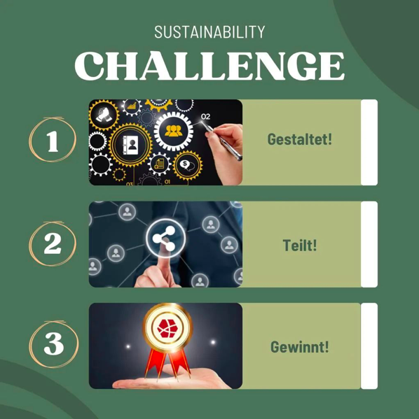 Auf dem Bild sind vereinfacht die Bedingungen und Funktionsweisen zur Teilnahme an der Nachhaltigkeits-Challenge zu sehen.